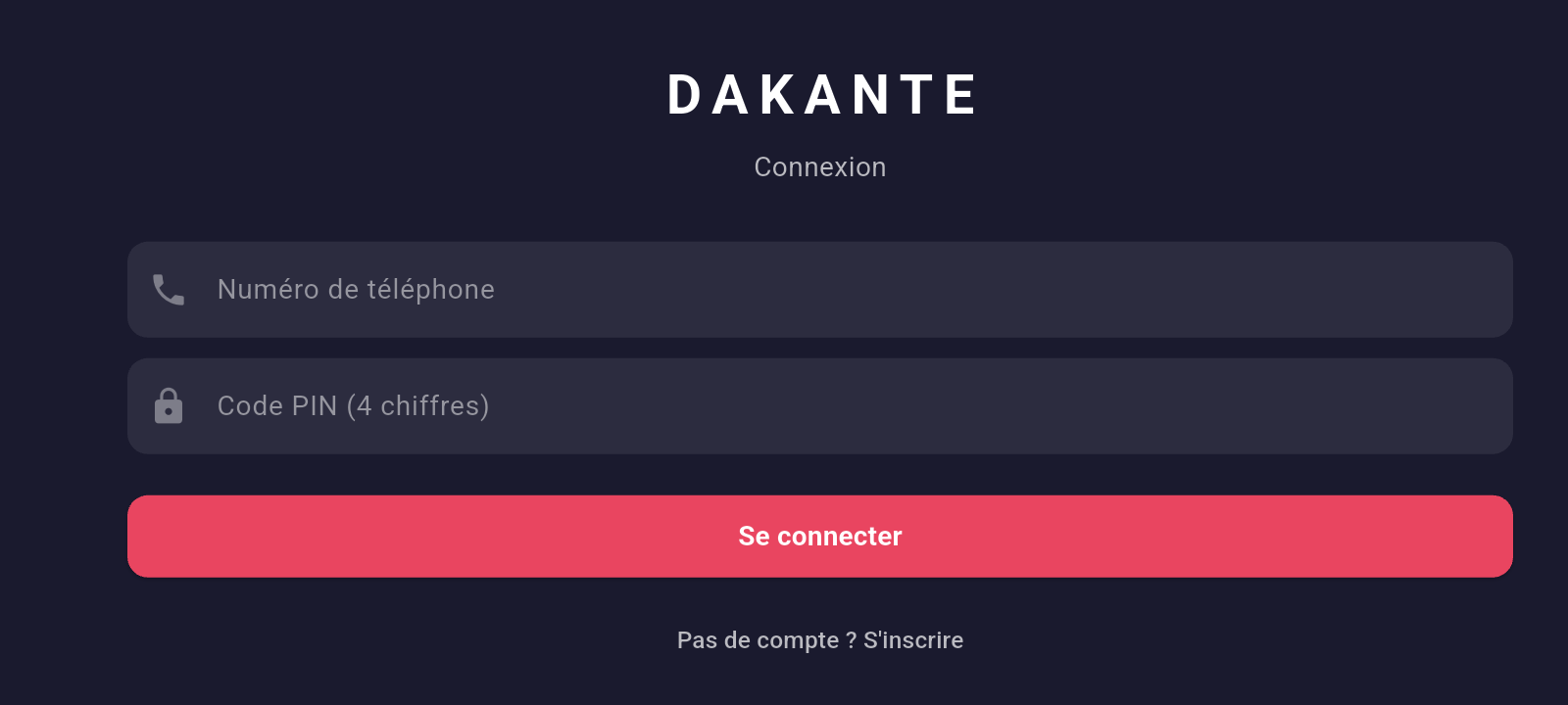 Écran de connexion Dakante
